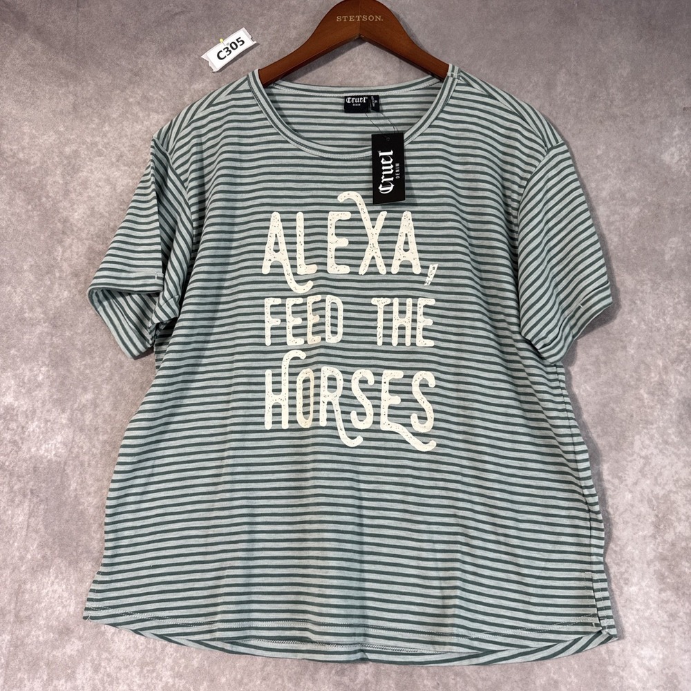 Cruel Denim T-Shirt Size Xl Green Striped Graphic Alexa Feed The Horses NWT